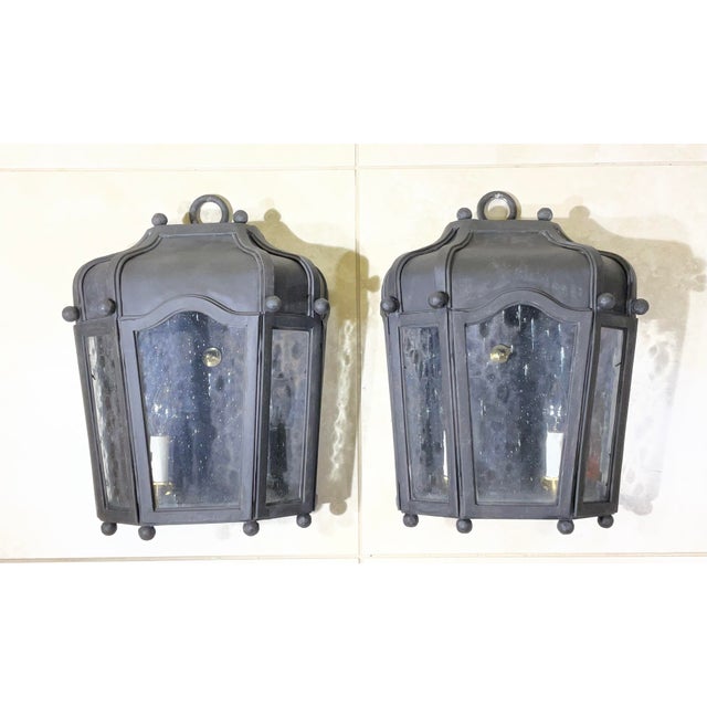 Exceptional Pair of Hand-Forged Iron Wall Lanterns Architectural Sconces For Sale - Image 15 of 17