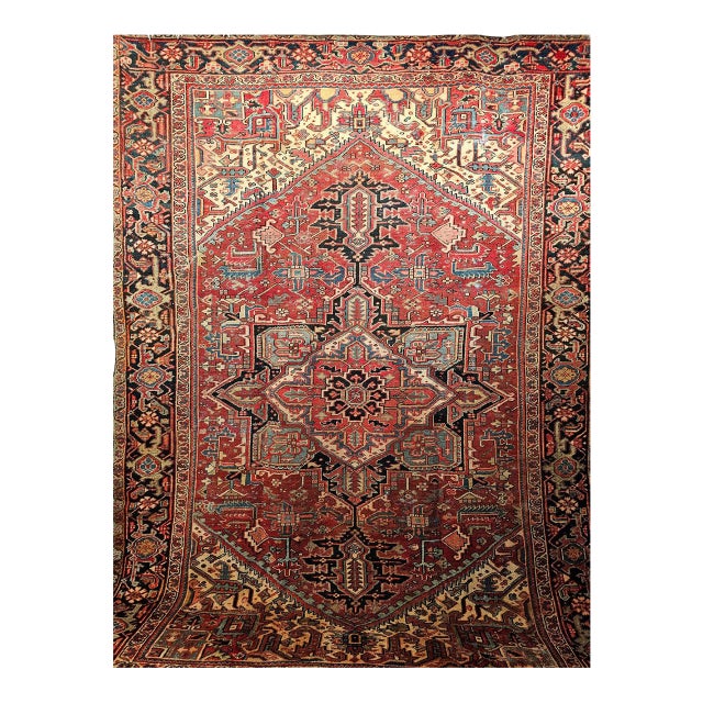 19th Century Persian Heriz Serapi Rug, Hand-Knotted Wool, Geometric Pattern, Red & Green Vegetable Dyes, 9x12 For Sale