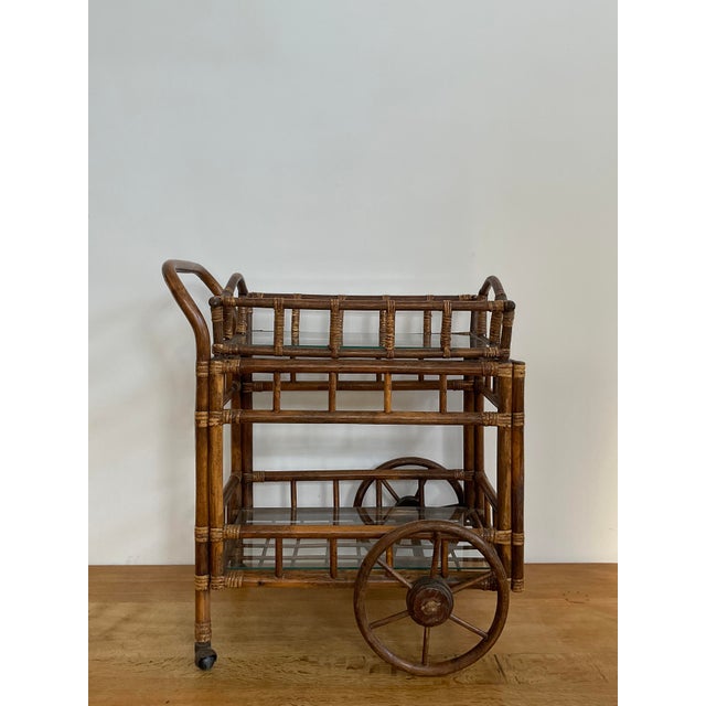 Boho Chic Vintage Bamboo Bar Cart With Glass Shelve & Removable Tray For Sale - Image 3 of 18