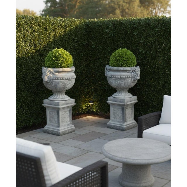Stone Pair of Garden Urns on Pedestals For Sale - Image 7 of 7