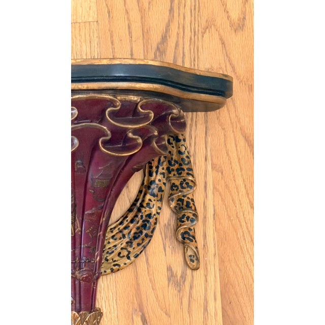 Red Chinoiserie Decorated Wall Shelves Hand Painted With Leopard Swags and Gold Accents For Sale In Savannah - Image 6 of 12