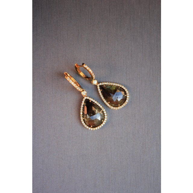 Golden Brown Black Sapphire Pear Drop Shape Sapphire Diamond Halo Gold Earrings, A Pair For Sale - Image 11 of 11
