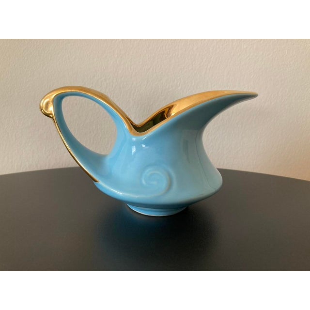 Vintage Mid 20th Century Modern Turquoise Blue and Gold Porcelain Creamer Pitcher For Sale - Image 12 of 12
