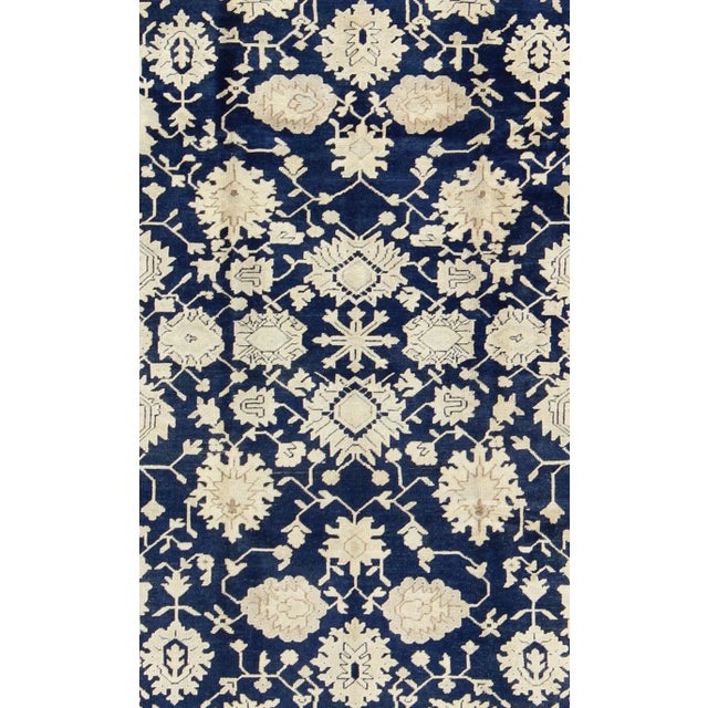 Abstract Turkish Oushak Rug With Floral Design in Dark Blue, Cream and Light Brown For Sale - Image 3 of 9