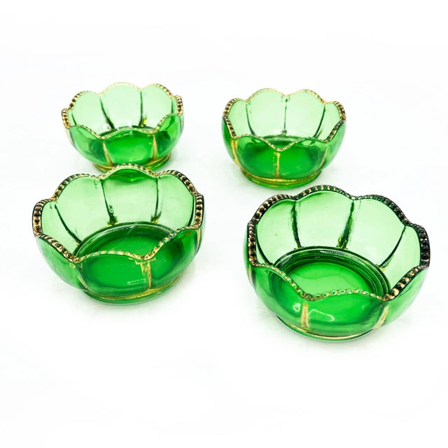 Mid-Century Modern Mid-Century Modern Russian Emerald Green & Gilt Gold Glass Bowls - 4 Pieces For Sale - Image 3 of 3