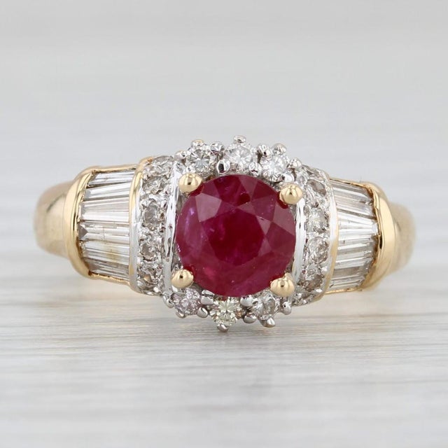 Modern Ruby Diamond Halo Ring 18k Yellow Gold Size 6.25 Engagement Style For Sale - Image 3 of 8