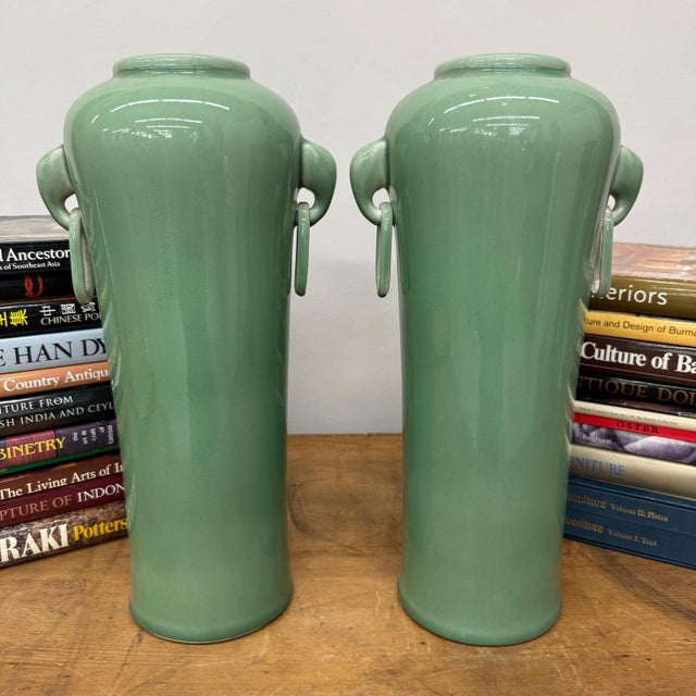 Rustic Celadon Ceramic Vases with Elegant Ring Handles - A Pair For Sale - Image 3 of 8