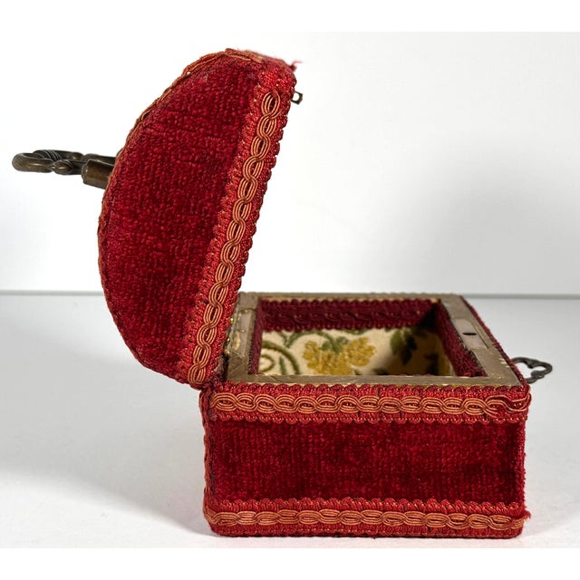 Red Antique Velvet Jewelry, Trinket or Sewing Box For Sale - Image 8 of 18