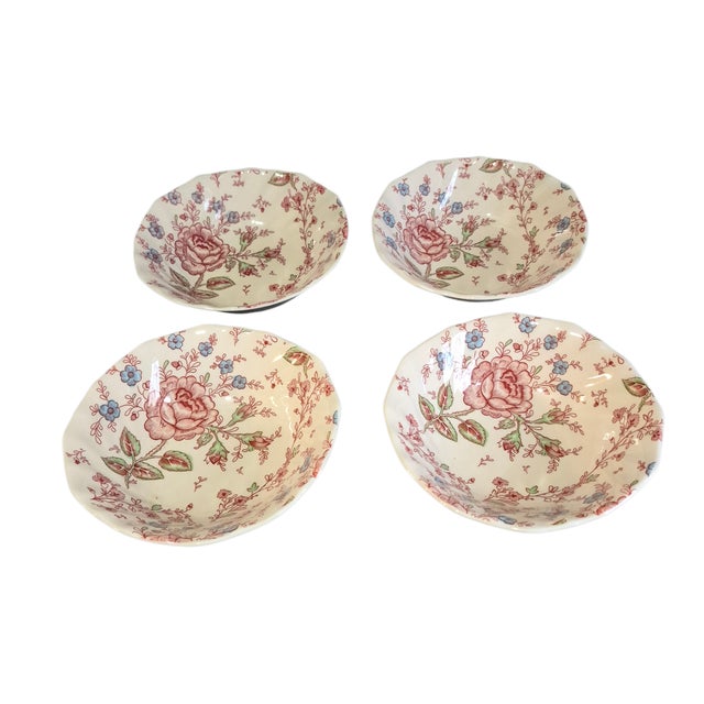 Pink Vintage Set of 4 Pink Rose Chintz Johnson Bros. Ironstone England Breakfast Bowls #1 For Sale - Image 8 of 8