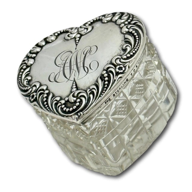 Victorian Beautiful Antique Hand Cut Crystal & Sterling Silver Victorian Sweetheart Trinket Box - Circa 1900 For Sale - Image 3 of 12