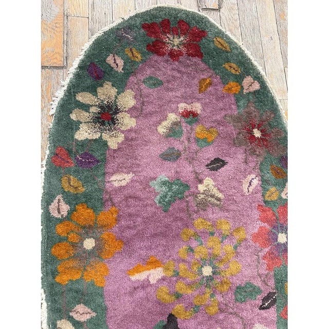 1920s 1920s Antique Purple Floral Modernist Chinese Handknotted Art Deco Wool Oval Rug For Sale - Image 5 of 6
