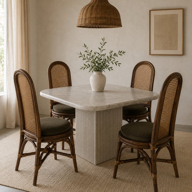 Karl Springer Minimalist Postmodern "Teardrop" Travertine Marble Dining Table Fluted Carved Base (Italy) For Sale - Image 4 of 16