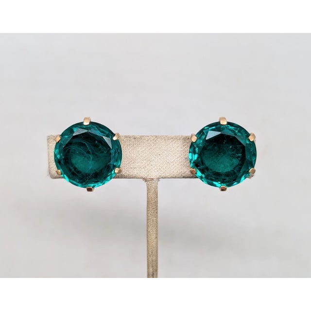 Green Vintage 1950s Signed Crown Trifari Round Flawed Faux-Emerald Clip Earrings-2 Pieces For Sale - Image 8 of 11