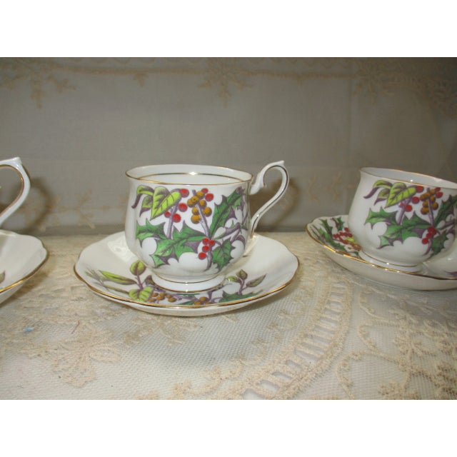 1950s 1950s Royal Albert Bone China Flower of the Month Series #12 Holly 3 Teacups & Saucers Set- 6 Pieces For Sale - Image 5 of 10