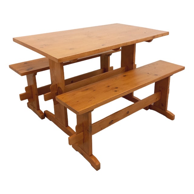 Vintage Fir Table & Benches, 1960s, Set of 3 For Sale