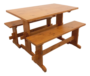 Vintage Fir Table & Benches, 1960s, Set of 3
