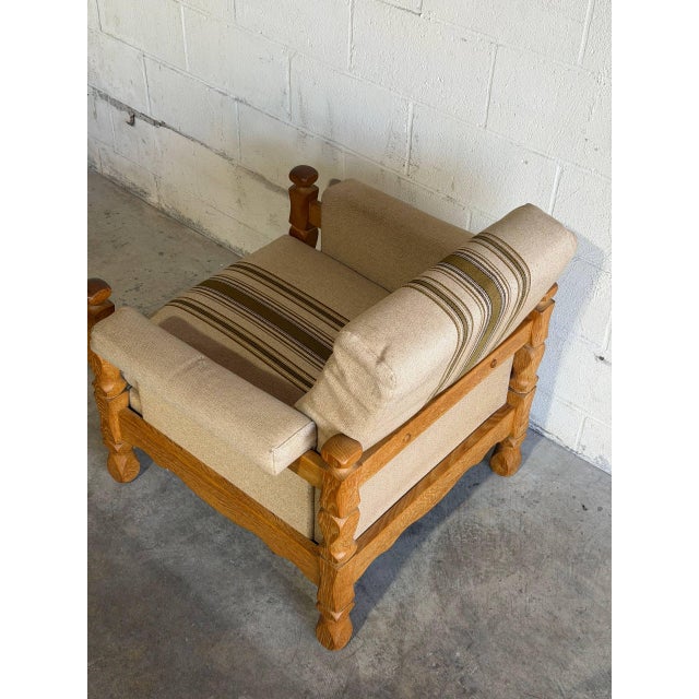 In Style of Henning Kjærnulf Oak Lounge Chair With Striped Upholstery Danish Mid-Century Modern 1970s For Sale - Image 9 of 9