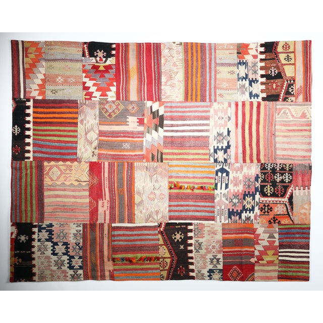 One of a Kind Turkish Kilim Patchwork Rug for Contemporary Interiors This striking patchwork kilim is handcrafted from...
