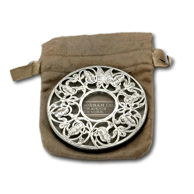 American Set 6 Antique American Hand Engraved Heavy Sterling Silver Overlay on Thick Glass Beverage Coasters by Gorham For Sale - Image 3 of 12