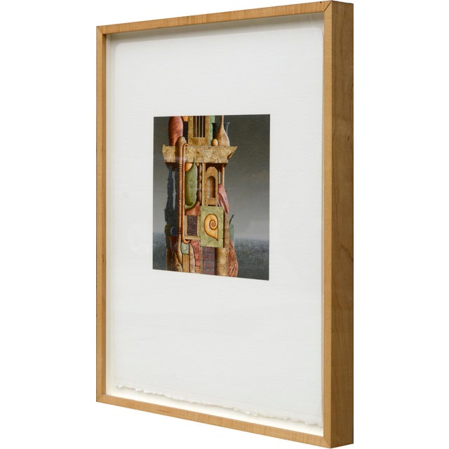 Geometric surrealist composition depicting a totem-like form, composed of colorful surrealist three dimensional...