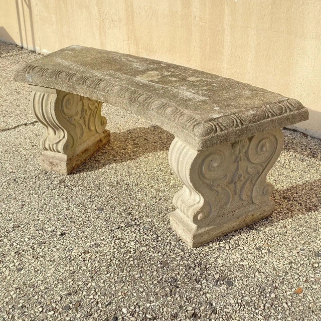 Vintage Classical Style Cast Stone Double Pedestal Curved Garden Bench For Sale - Image 10 of 11