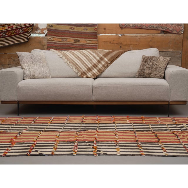 1970s Vintage Handmade Wool Cotton Orange Kilim Wide Runenr Rug For Sale - Image 10 of 11