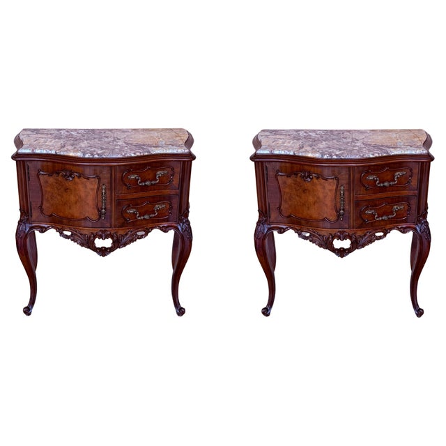 Carved French Nightstands with doors and Marble Top, 1930s, Set of 2 For Sale - Image 15 of 18