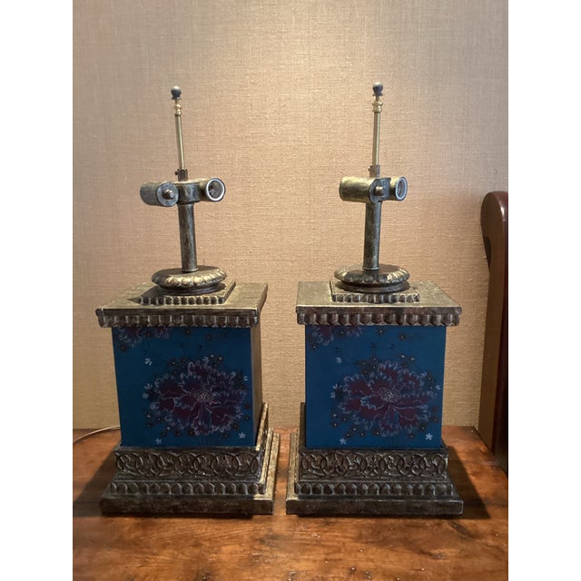 Late 20th Century Vintage Chinoiserie Teal Floral & Gilt Architectural Table Lamps - a Pair For Sale - Image 5 of 12