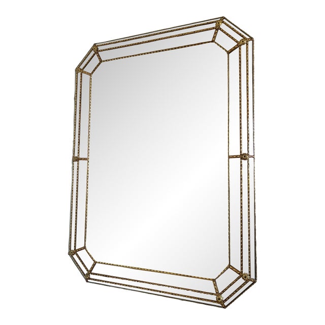 Large Vintage Spanish Venetian Style Rectangular Brass Wall Mirror – Gold Hollywood Regency, 1980s For Sale