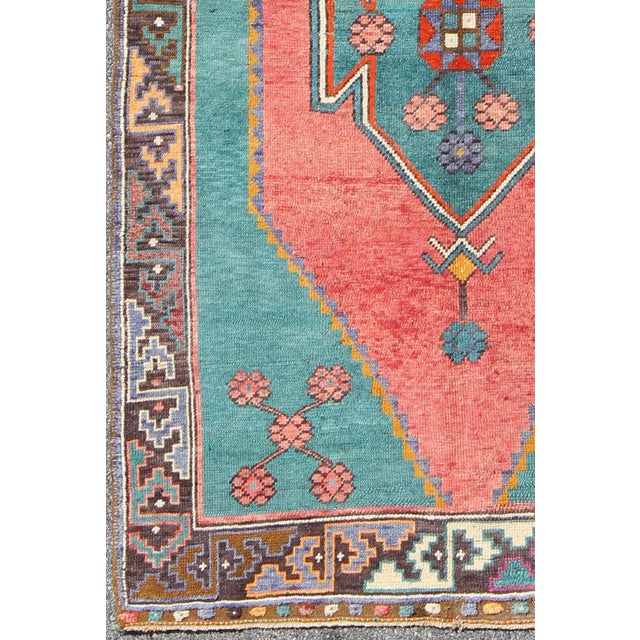 Tribal Design Vintage Turkish Rug in Teal, Blue, Green, Charcoal & Coral For Sale - Image 4 of 8