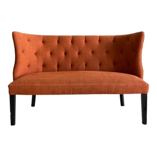Custom Tufted Banquette in Orange Linen For Sale