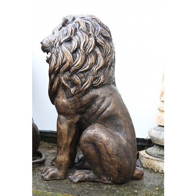 Metal Bronze Lion Gatekeeper Statues Guard Casting Lions, Set of 2 For Sale - Image 7 of 11