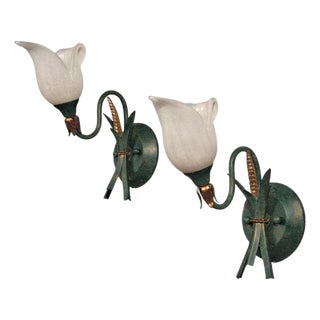 1960s Italian Floral Wall Sconces, Green Metal, Bronze, Glass - Pair For Sale