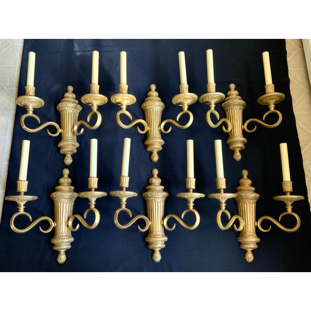 Beaux-Arts Set of 6 Edward F Caldwell Gilt Bronze Two Arm Sconces, 1910-1925 For Sale - Image 3 of 12