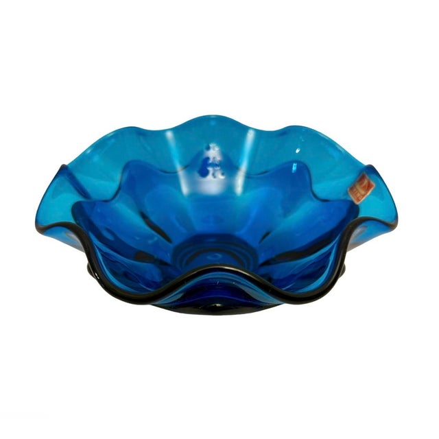 Glass VTG Viking Glass Bluenique Footed Art Glass Double Ruffled Bowl W/Sticker (A14). For Sale - Image 7 of 9