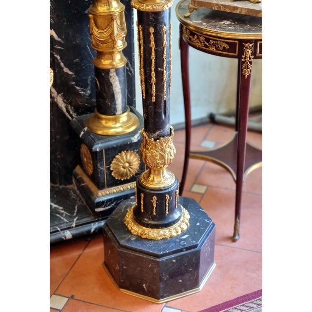 2020s French Empire Style Black Marble Pedestal With Porcelain Urn, Bronze Mounts, Gold Leaf and Sculpted Details For Sale - Image 5 of 6