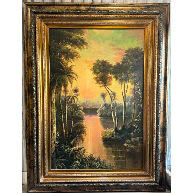 Original oil on canvas by the painter Vitaly: golden light falling through tall palms onto still water. A large, warm...