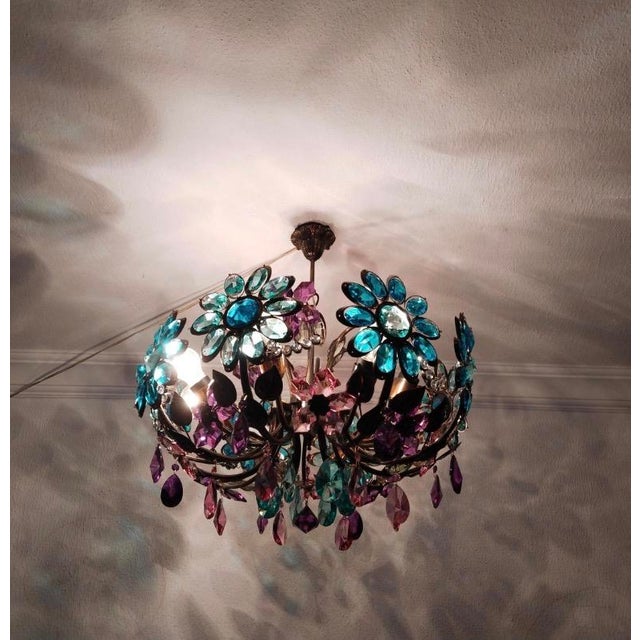 Purple Large Vintage Chandelier Crystal Antique Different Daisy Colourful Hand Painted 8 Lamps Bohemian Light For Sale - Image 8 of 10