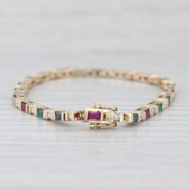 Modern 2.88ctw Gemstone Tennis Bracelet 10k Gold Diamond Ruby Sapphire Emerald 7" 2.5mm For Sale - Image 3 of 7