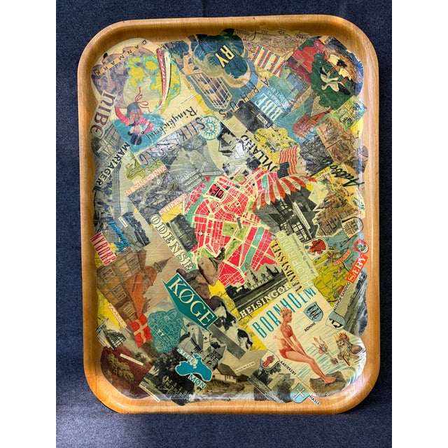 Large, charming, handmade vintage light wooden Denmark travel decoupage tray. Tray has a collage of vintage travel papers....