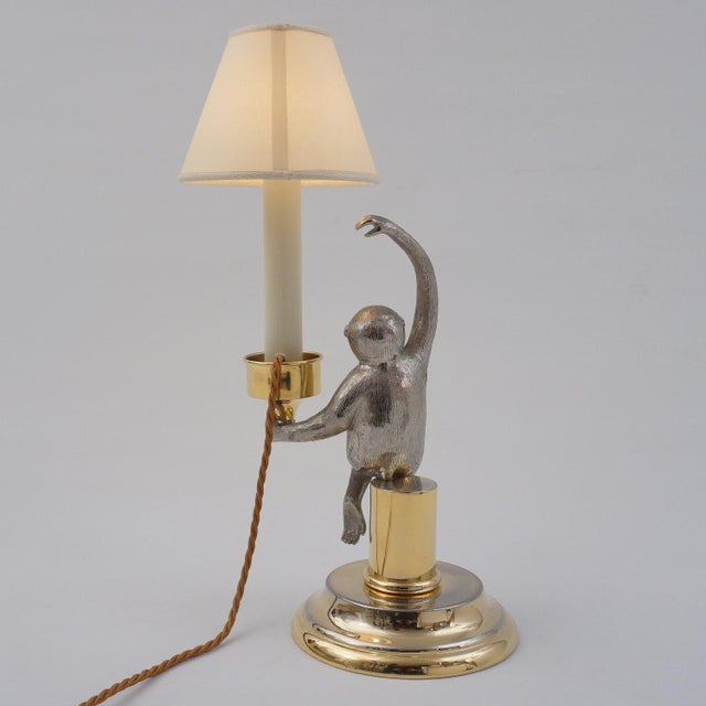 Silver 1970's Italian Surrealist Monkey Candlestick Table Lamp by Hauy Pouigo, Signed, Silver Plated Bronze & Brass - Rewired For Sale - Image 8 of 14
