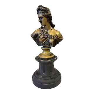 19th Century Bronze Bust of Diana Black Marble Base For Sale