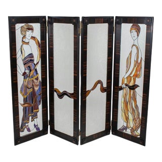 Early 20th-Century American Art Deco Stained Glass Panels in Custom Macassar Screen For Sale