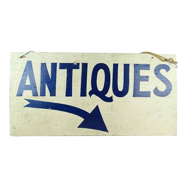 Vintage Wooden Painted "Antiques" Trade Sign For Sale