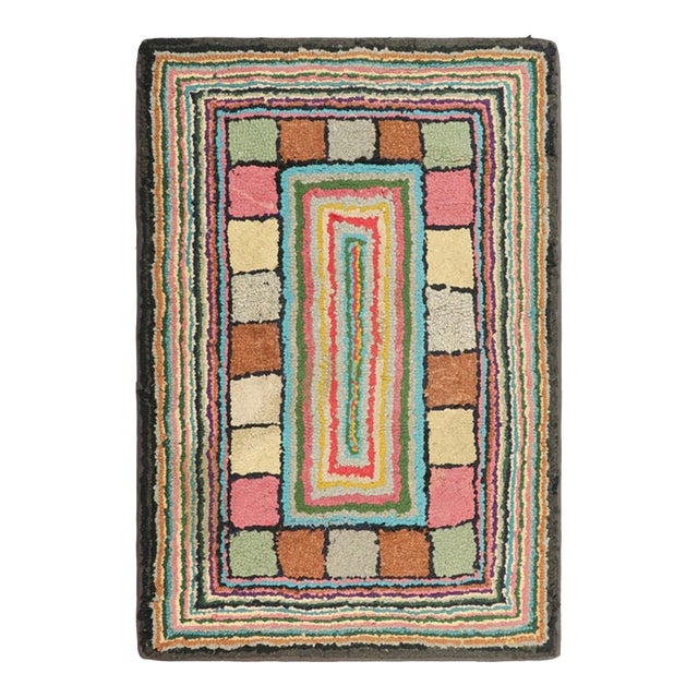 Antique Hooked Rug With Polychromatic Geometric Patterns | Rug & Kilim For Sale
