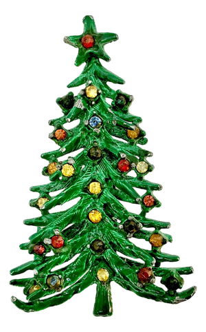 Mid-Century Boho Chic Americana Green Decorated Christmas Tree Brooch