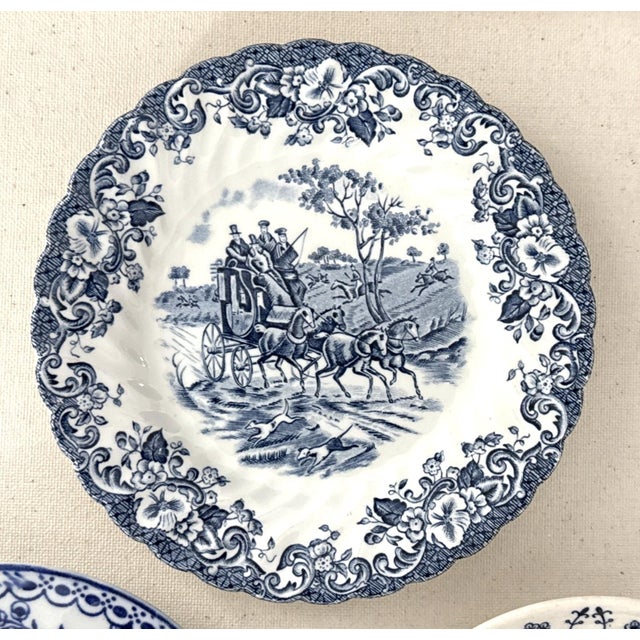 Blue and White Vintage & Antique Wall Plate Collection — Set of 9, Currier & Ives, Coalport Indian Tree, Burleigh Burslem For Sale - Image 12 of 14