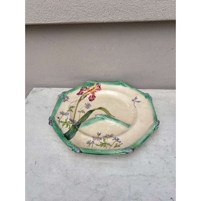 Rare 19th French Majolica Asparagus octogonal plate signed Iris Longchamp. Iris, dragonfly and daisies.