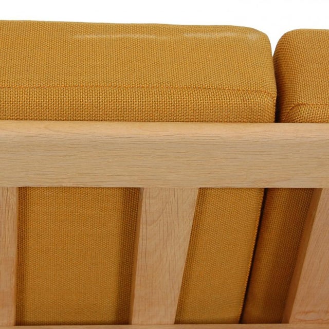 Three-Seater Cigar Sofa in Oak and Yellow Fabric by Hans Wegner, 1960s For Sale - Image 4 of 18