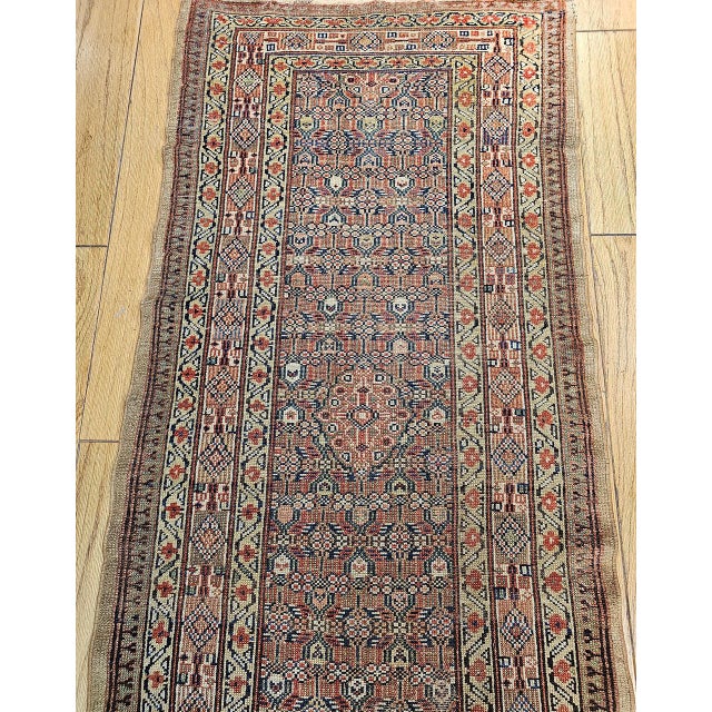 Antique Serab Camel Hair Runner Rug, Hand-Knotted Wool, Allover Geometric Pattern, Red & Green, 3x12 For Sale - Image 11 of 18